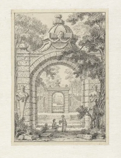 Klein landschap met twee tuinpoorten achter elkaar