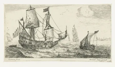 Klein zeilschip en een Pinas