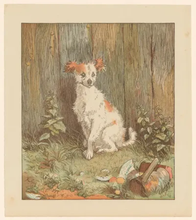 Kleine hond zittend bij een schutting