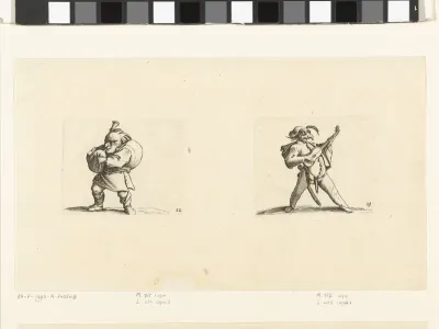 Kleine mens (karikatuur) met doedelzak; commedia dell'arte-figuur met gitaar, zwaard en masker