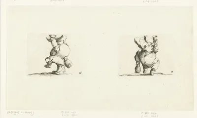 Kleine mens (karikatuur) met fles en glas, drank morsend; kleine mens (karikatuur) met fles en glas