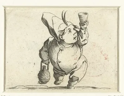 Kleine mens (karikatuur) met fles en glas