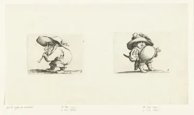 Kleine mens (karikatuur) met fluit (flageolet); kleine mens (karikatuur) met zwaard, een knopenrij op de buik