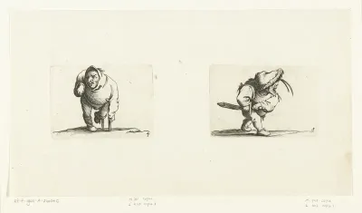 Kleine mens (karikatuur) met kruk en beensteun; kleine mens (karikatuur) met zwaard, in aanvallende houding