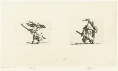 Kleine mens (karikatuur) met luit en zwaard; kleine mens (karikatuur) met zwaard en wandelstok