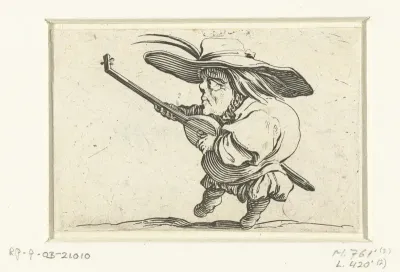 Kleine mens (karikatuur) met luit en zwaard