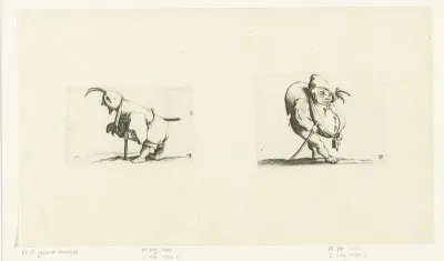 Kleine mens (karikatuur) met mitella, kruk en zwaard; kleine mens (karikatuur) met wandelstok