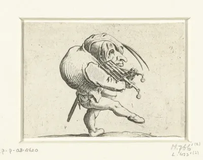 Kleine mens (karikatuur) met rooster en zwaard