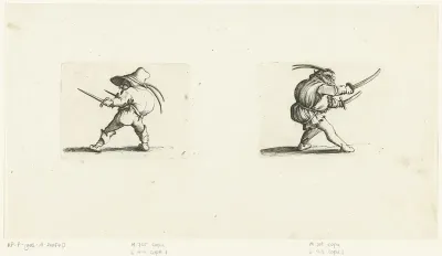 Kleine mens (karikatuur) met twee dolken; groteske figuur met twee zwaarden