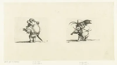 Kleine mens (karikatuur) met zwaard, een knopenrij op de rug; kleine mens (karikatuur) met viool en zwaard