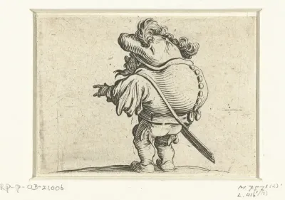 Kleine mens (karikatuur) met zwaard, een knopenrij op de rug
