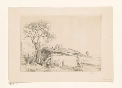 Kleine schuur in een landschap
