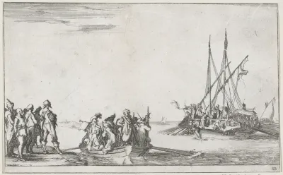 Kleine sloep met mannen vaart naar galeischip