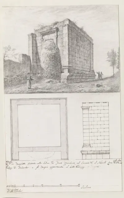 Kleine tempel, mogelijk Oratorio di Falaride, op locatie waar volgens legende vroeger paleis van tiran Phalaris stond, met plattegrond en opstand