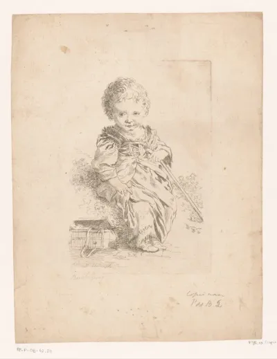 Kleuter met wandelstok, zittend in een landschap