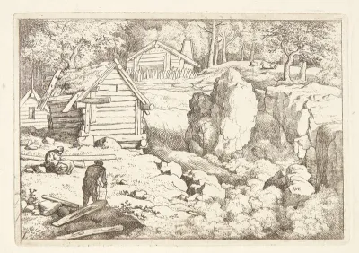 Klippelandskab med tre bjælkehytter, forrest to tømrer i arbejde