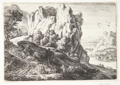 Klippelandskab med vejfarende, der gør holdt