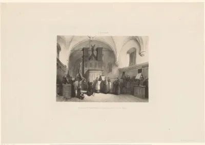 Kloosterinterieur met monniken