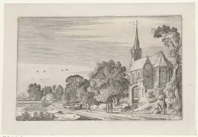 Kloosterlingen en een herder bij een vervallen kerk