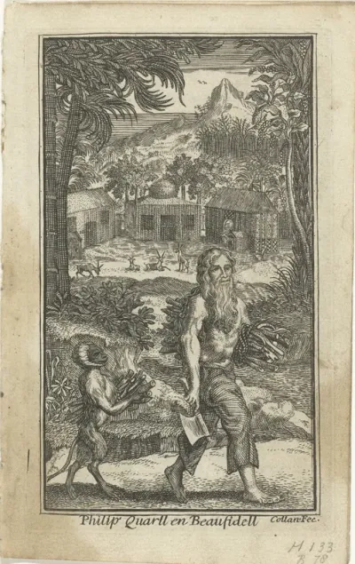 Kluizenaar en aap bij het hout sprokkelen