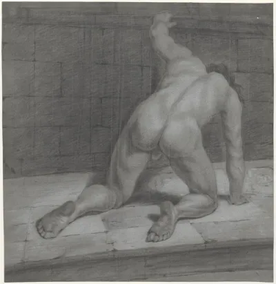 Kneeling male nude, seen from the back, his arm raised against the wall