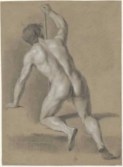 Kneeling male nude, seen from the back, his right hand resting on a stick