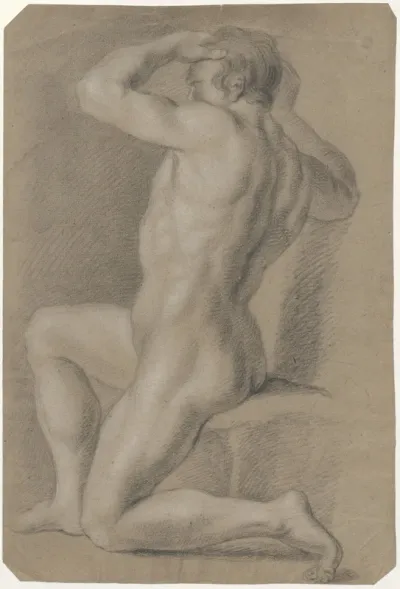 Kneeling male nude, turned to the right, his hands on his head