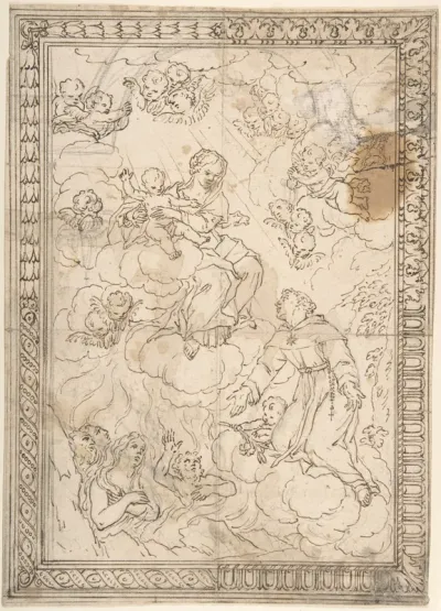 Kneeling Saint and Lost Souls before the Madonna and Child, with Four Alternate Border Designs