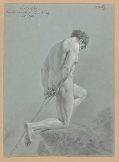 Knielend mannelijk naakt, van opzij gezien (1e prijs 1809)