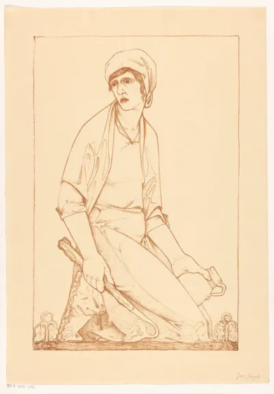 Knielende figuur met schoffel en kruik