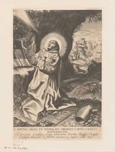 Knielende H. Bruno, biddend in een grot