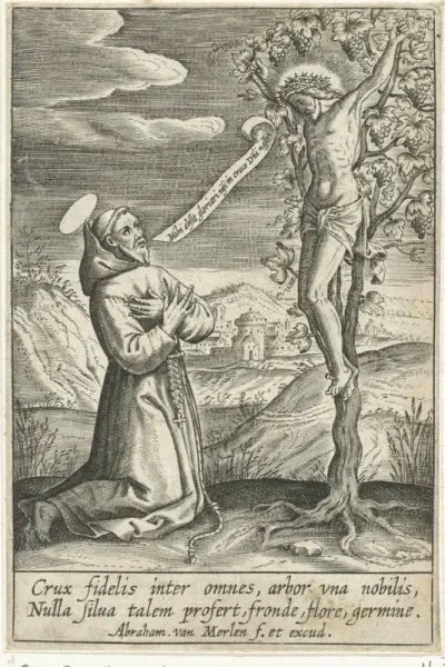 Knielende heilige voor Christus aan het kruis