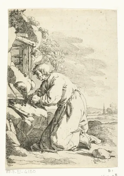 Knielende kluizenaar in gebed