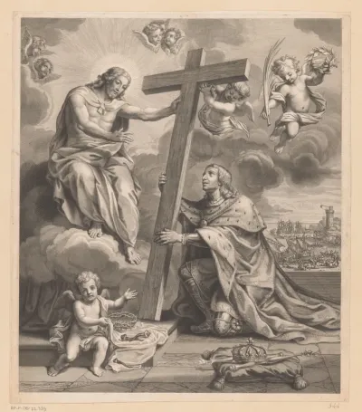 Knielende koning voor Christus op een wolk, tussen hen in het kruis
