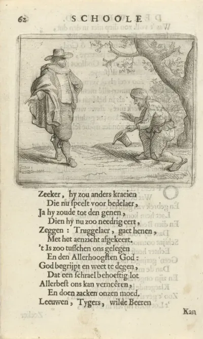 Knielende man voor een rijk geklede figuur