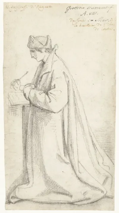 Knielende, schrijvende man