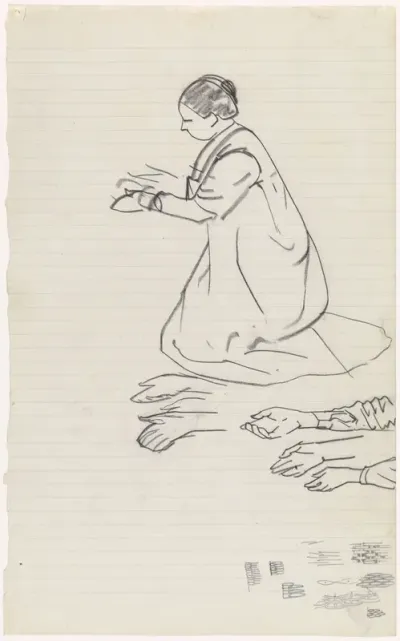 Knielende vrouw en detailstudies van de handen