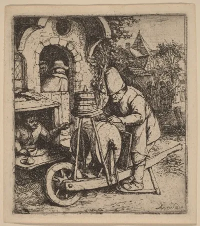 Knifegrinder at Work Outside a Cobbler's Workshop