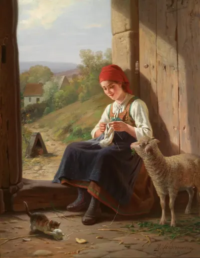 Knitting girl with kitten