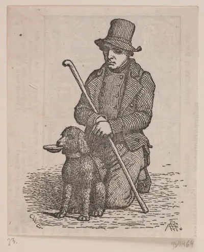 Knælende tigger med puddelhund