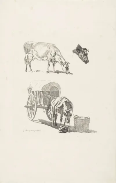 Koe, een koeienkop en een paard met wagen