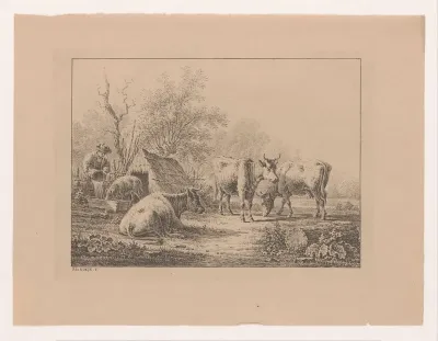 Koeien en een schaap bij een hut