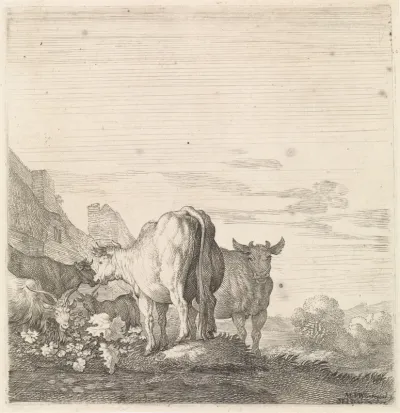 Koeien en geiten in een landschap met huizen