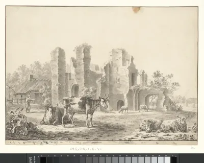 Koeien en schapen voor de ruïne van Abdij van Rijnsburg, 1830