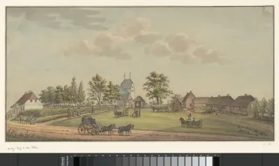 Koets rijdt langs een dorp