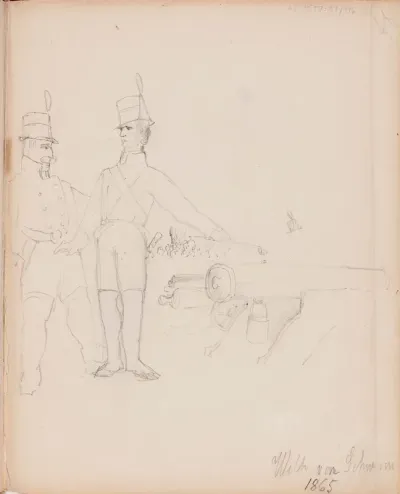 Kohtaus Vänrikki Stoolin tarinoista, kaksi miestä ja tykki. Merkitty: Wilhelm von Schwerin  /  1865