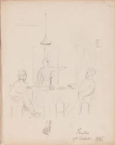 Kohtaus Vänrikki Stoolin tarinoista. Kolme miestä ja koira  pöydän ääressä. Merkitty: Sandels  /  af a. Edelfelt 1865