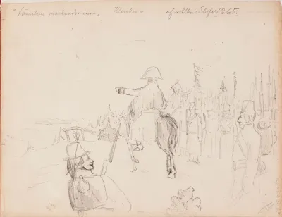 Kohtaus Vänrikki Stoolin tarinoista. Merkitty: "fänrikens marknadsminne" Klerker - af Albert Edelfelt 1865.