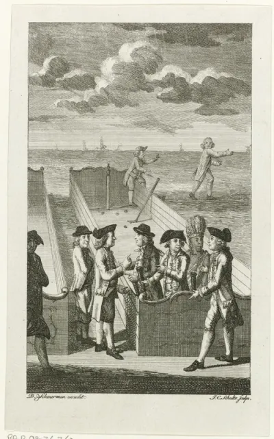 Kolfspel als allegorie op de Nederlandse en Franse hulp aan Amerika tegen Engeland, 1782