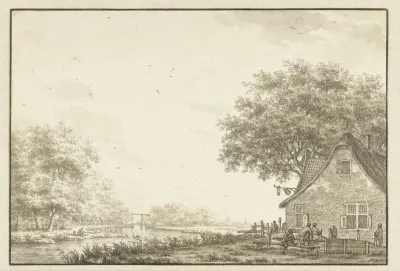 Kolfspelers bij een herberg aan een water